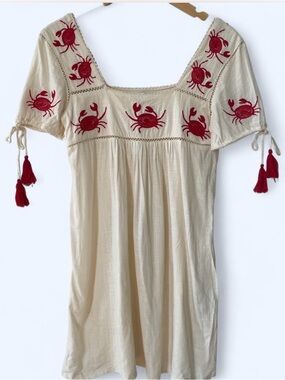 Cream Babydoll Dress with Red Crab Embroidery